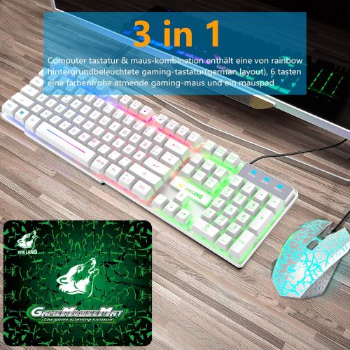  [아마존베스트]CROSS ZEBRA Gaming Keyboard and Mouse Set, QWERTZ German Layout Rainbow LED Backlight Ergonomic Keyboard 6 Buttons 2400 DPI Mouse and Mouse Pad, USB Wired, Compatible with PS4 XBox, White