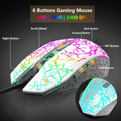  [아마존베스트]CROSS ZEBRA Gaming Keyboard and Mouse Set, QWERTZ German Layout Rainbow LED Backlight Ergonomic Keyboard 6 Buttons 2400 DPI Mouse and Mouse Pad, USB Wired, Compatible with PS4 XBox, White