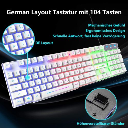  [아마존베스트]CROSS ZEBRA Gaming Keyboard and Mouse Set, QWERTZ German Layout Rainbow LED Backlight Ergonomic Keyboard 6 Buttons 2400 DPI Mouse and Mouse Pad, USB Wired, Compatible with PS4 XBox, White
