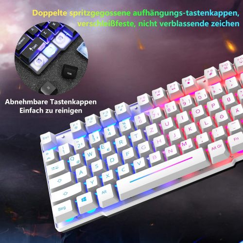  [아마존베스트]CROSS ZEBRA Gaming Keyboard and Mouse Set, QWERTZ German Layout Rainbow LED Backlight Ergonomic Keyboard 6 Buttons 2400 DPI Mouse and Mouse Pad, USB Wired, Compatible with PS4 XBox, White