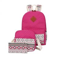 ZJROYAL Canvas Stripe Backpack Cute Teen Girls Backpacks Set 3 Pcs Bookbags for School Student (Rose red)