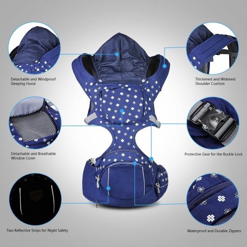  ZJchao Versatility Soft Baby Carrier Backpack with Hip Seat, 1.5L Large Storage Bag and Detachable Hood, Airflow Window, Padded Shoulder Straps, Weight Support up to 40 lb - Blue