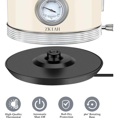  ZKIAH Electric Kettle Stainless Steel, Retro Water Boiler with Filter Thermometer Water Level Indicator LED Switch, Auto Shut-Off and Boil-Dry Protection (Beige)