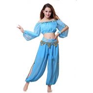ZLTdream Belly Dance Chiffon Long Sleeves Top and Lantern Coins Pants
