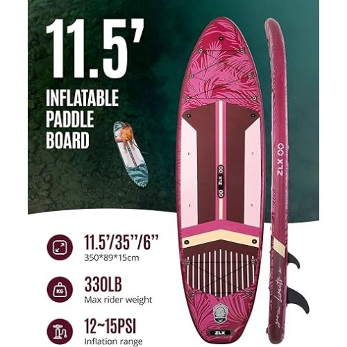  ZLX 11.5 FT Inflatable Stand Up Paddle Board Skill Levels, Adults & Youth - Wide Stable Design, Non-Slip Deck, Adjustable Paddle, Safety Leash, and Carry Bag Included