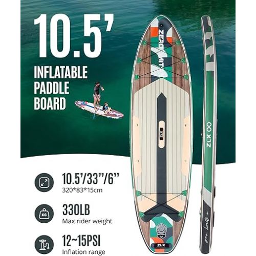  ZLX 10.5 FT Inflatable Stand Up Paddle Board with Accessories SUP Board for All Skill Levels Youth & Adults Wide Stable Non-Slip Deck, Adjustable Paddle, Leash and Carry Bag