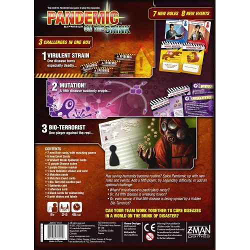  Pandemic on the Brink Board Game EXPANSION Family Board Game Strategy Board Game Cooperative Board Game Ages 8+ 2 to 5 players Average Playtime 45 minutes Made by Z-Man Games , Red