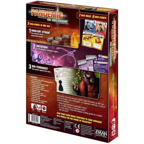  Pandemic on the Brink Board Game EXPANSION Family Board Game Strategy Board Game Cooperative Board Game Ages 8+ 2 to 5 players Average Playtime 45 minutes Made by Z-Man Games , Red