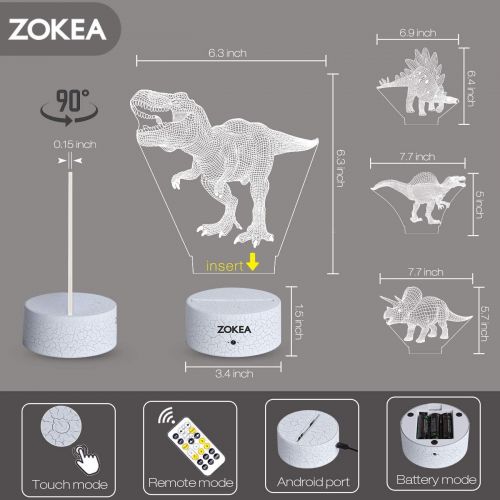  [아마존베스트]ZOKEA Dinosaur Toys, Dinosaur Gifts for Boys 7 Colors Changing 3D Dinosaur Night Light (4 Patterns) with Timer & Remote Control & Smart Touch, Gifts for Boys Girls Age 2 3 4 5 6 7