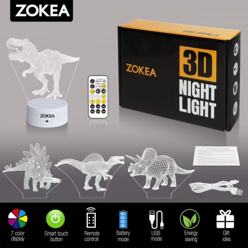  [아마존베스트]ZOKEA Dinosaur Toys, Dinosaur Gifts for Boys 7 Colors Changing 3D Dinosaur Night Light (4 Patterns) with Timer & Remote Control & Smart Touch, Gifts for Boys Girls Age 2 3 4 5 6 7