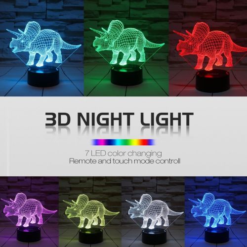  [아마존베스트]ZOKEA Night Lights for Kids Dinosaur 3D Night Light Bedside Lamp 7 Colors Changing with Remote Control Best Birthday Gifts for Boys Girls Kids Baby (Dinosaur Triceratops)