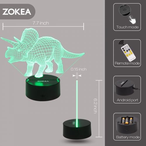  [아마존베스트]ZOKEA Night Lights for Kids Dinosaur 3D Night Light Bedside Lamp 7 Colors Changing with Remote Control Best Birthday Gifts for Boys Girls Kids Baby (Dinosaur Triceratops)