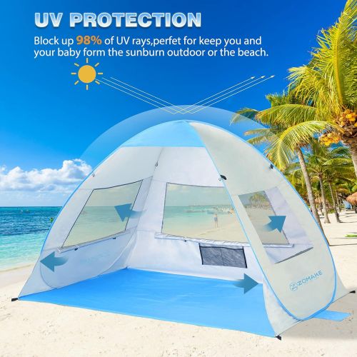  ZOMAKE Pop Up Strandmuschel, Extra Leicht Strandzelt mit Boden UV 80 Sonnenschutz - Familie Tragbares Strand-Zel