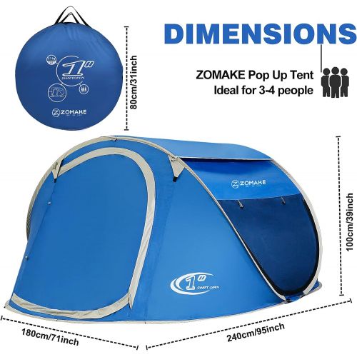  ZOMAKE Pop Up Tent 3 4 Person, Beach Tent Sun Shelter for Baby with UV Protection - Automatic and Instant Setup Tent for Family