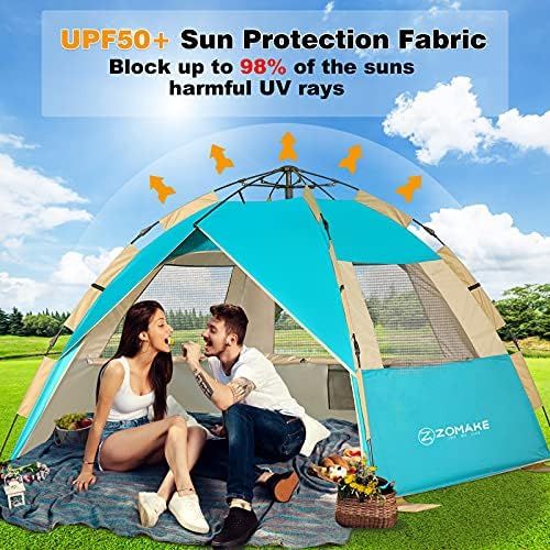  ZOMAKE Instant Beach Tent 3 - 4 Person, Pop Up Sun Shelter Easy Setup Portable Sun Shade Tent with SPF 50+ UV Protection for Kids Family