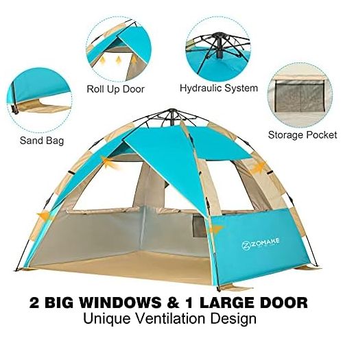  ZOMAKE Instant Beach Tent 3 - 4 Person, Pop Up Sun Shelter Easy Setup Portable Sun Shade Tent with SPF 50+ UV Protection for Kids Family