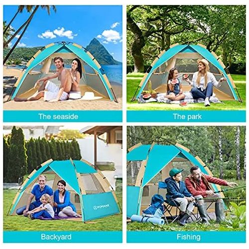  ZOMAKE Instant Beach Tent 3 - 4 Person, Pop Up Sun Shelter Easy Setup Portable Sun Shade Tent with SPF 50+ UV Protection for Kids Family