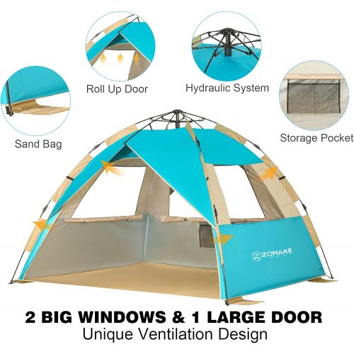  ZOMAKE Instant Beach Tent 3 - 4 Person, Pop Up Sun Shelter Easy Setup Portable Sun Shade Tent with SPF 50+ UV Protection for Kids Family