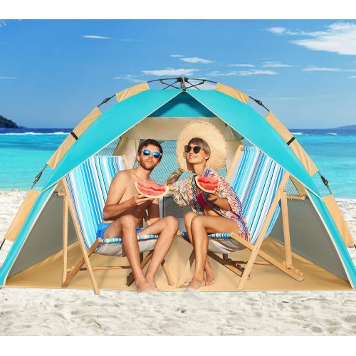  ZOMAKE Instant Beach Tent 3 - 4 Person, Pop Up Sun Shelter Easy Setup Portable Sun Shade Tent with SPF 50+ UV Protection for Kids Family