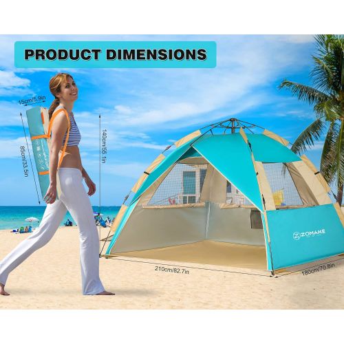  ZOMAKE Instant Beach Tent 3 - 4 Person, Pop Up Sun Shelter Easy Setup Portable Sun Shade Tent with SPF 50+ UV Protection for Kids Family