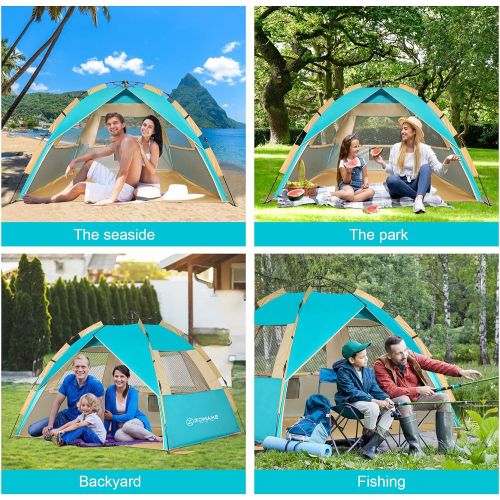  ZOMAKE Instant Beach Tent 3 - 4 Person, Pop Up Sun Shelter Easy Setup Portable Sun Shade Tent with SPF 50+ UV Protection for Kids Family