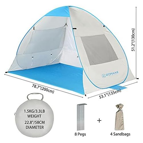  ZOMAKE Instant Beach Tent 3 - 4 Person, Pop Up Sun Shelter Easy Setup Portable Sun Shade Tent with SPF 50+ UV Protection for Kids Family