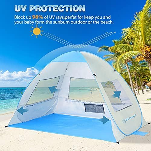  ZOMAKE Instant Beach Tent 3 - 4 Person, Pop Up Sun Shelter Easy Setup Portable Sun Shade Tent with SPF 50+ UV Protection for Kids Family