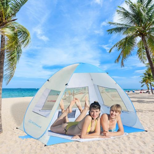  ZOMAKE Instant Beach Tent 3 - 4 Person, Pop Up Sun Shelter Easy Setup Portable Sun Shade Tent with SPF 50+ UV Protection for Kids Family