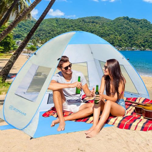  ZOMAKE Instant Beach Tent 3 - 4 Person, Pop Up Sun Shelter Easy Setup Portable Sun Shade Tent with SPF 50+ UV Protection for Kids Family