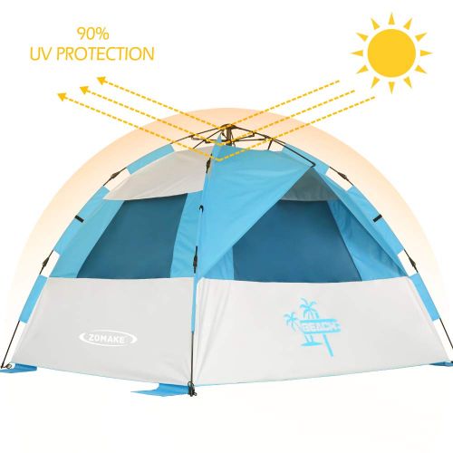  ZOMAKE Instant Beach Tent Sun Shelter 3-4 Person, Pop Up Beach Umbrella Easy Setup Portable Sun Shade Tent with SPF 50+ UV Protection for Kids Family