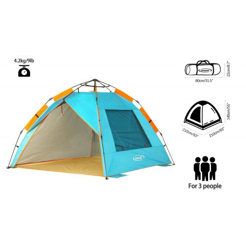  ZOMAKE Instant Beach Tent Sun Shelter 3-4 Person, Pop Up Beach Umbrella Easy Setup Portable Sun Shade Tent with SPF 50+ UV Protection for Kids Family