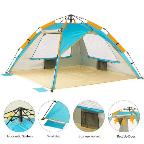  ZOMAKE Instant Beach Tent Sun Shelter 3-4 Person, Pop Up Beach Umbrella Easy Setup Portable Sun Shade Tent with SPF 50+ UV Protection for Kids Family