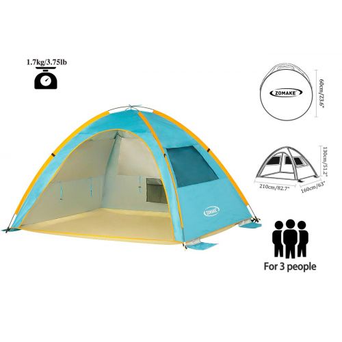  ZOMAKE Instant Beach Tent Sun Shelter 3-4 Person, Pop Up Beach Umbrella Easy Setup Portable Sun Shade Tent with SPF 50+ UV Protection for Kids Family