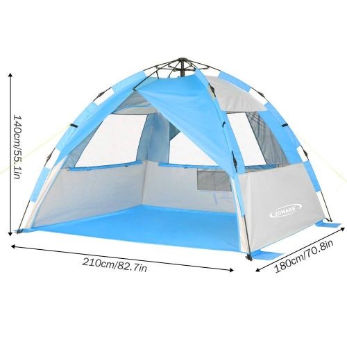  ZOMAKE Instant Beach Tent Sun Shelter 3-4 Person, Pop Up Beach Umbrella Easy Setup Portable Sun Shade Tent with SPF 50+ UV Protection for Kids Family