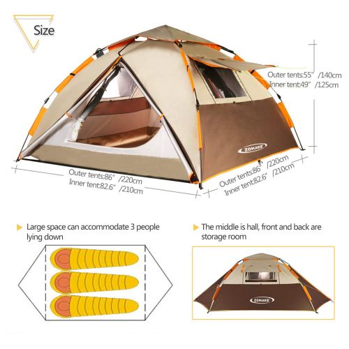  ZOMAKE Dome Tent for Camping 3 4 Person - Waterproof Pop Up Backpacking Tent, Automatic Instant Tent with Easy Setup, Carry Bag Included