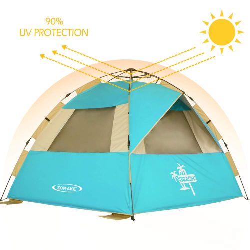  ZOMAKE Instant Beach Tent Sun Shelter 3-4 Person, Pop Up Beach Umbrella Easy Setup Portable Sun Shade Tent with SPF 50+ UV Protection for Kids Family