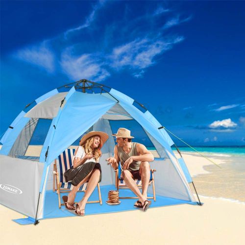  ZOMAKE Instant Beach Tent Sun Shelter 3-4 Person, Pop Up Beach Umbrella Easy Setup Portable Sun Shade Tent with SPF 50+ UV Protection for Kids Family