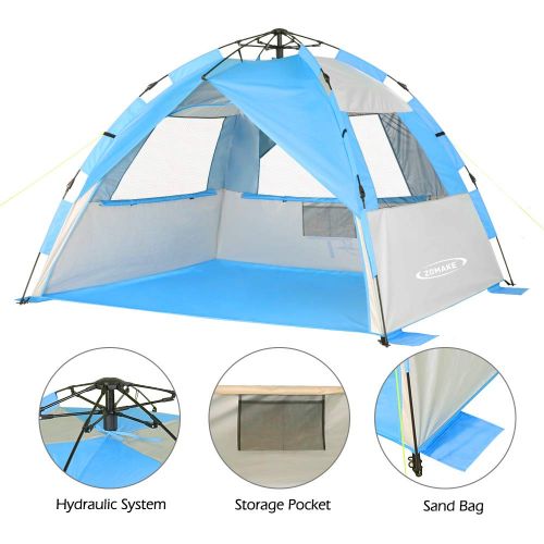  ZOMAKE Instant Beach Tent Sun Shelter 3-4 Person, Pop Up Beach Umbrella Easy Setup Portable Sun Shade Tent with SPF 50+ UV Protection for Kids Family