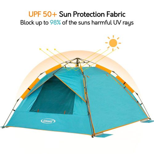  ZOMAKE Instant Beach Tent Sun Shelter 3-4 Person, Pop Up Beach Umbrella Easy Setup Portable Sun Shade Tent with SPF 50+ UV Protection for Kids Family