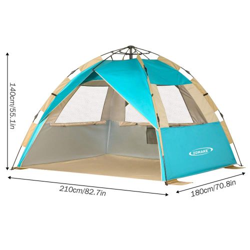  ZOMAKE Instant Beach Tent Sun Shelter 3-4 Person, Pop Up Beach Umbrella Easy Setup Portable Sun Shade Tent with SPF 50+ UV Protection for Kids Family