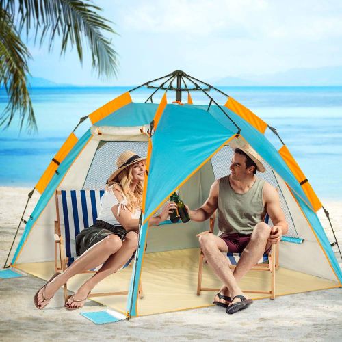  ZOMAKE Instant Beach Tent Sun Shelter 3-4 Person, Pop Up Beach Umbrella Easy Setup Portable Sun Shade Tent with SPF 50+ UV Protection for Kids Family