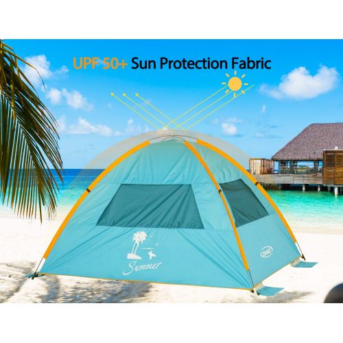  ZOMAKE Instant Beach Tent Sun Shelter 3-4 Person, Pop Up Beach Umbrella Easy Setup Portable Sun Shade Tent with SPF 50+ UV Protection for Kids Family