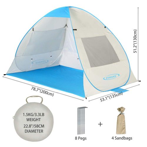  ZOMAKE Pop Up Beach Tent 2-3 Person, Lightweight Portable Sun Shelters Sun Shade Instant Tent Outdoor Cabana with UPF 50+ UV Protection for Baby, Family