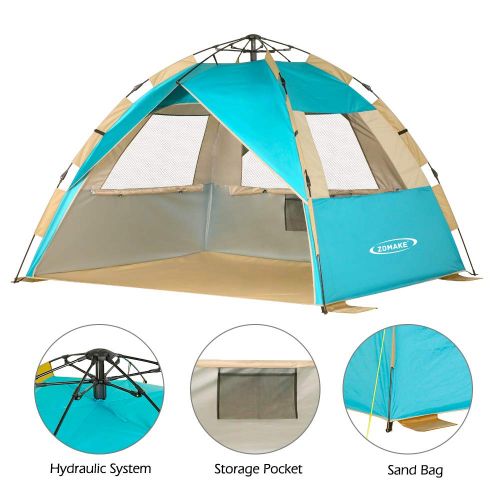  ZOMAKE Instant Beach Tent 3-4 Person, Pop Up Sun Shelter Easy Setup Portable Sun Shade Tent with SPF 50+ UV Protection for Kids Family