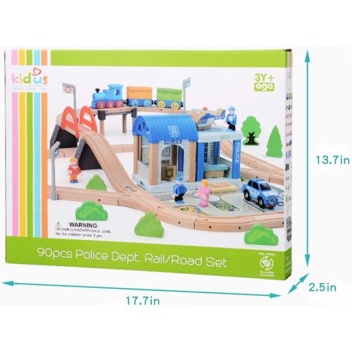  ZONXIE Wooden Train Track Sets Fits Thomas Brio Play Train Set with Bridge Battery Operated Play Set Police Office Deluxe Accessories Railway for Kids Toddlers Age 1 and Up (90pcs)