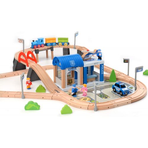  ZONXIE Wooden Train Track Sets Fits Thomas Brio Play Train Set with Bridge Battery Operated Play Set Police Office Deluxe Accessories Railway for Kids Toddlers Age 1 and Up (90pcs)