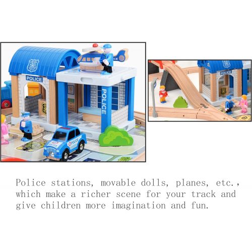  ZONXIE Wooden Train Track Sets Fits Thomas Brio Play Train Set with Bridge Battery Operated Play Set Police Office Deluxe Accessories Railway for Kids Toddlers Age 1 and Up (90pcs)