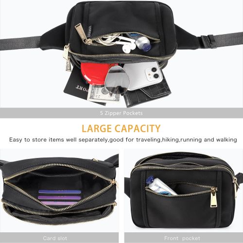  ZORFIN Fanny Packs for Women Men, Fashion Waist Pack Belt Bag with 5 Zipper Pockets Adjustable Belt, Casual Hip Bum Bag for Disney Travel Shopping Hiking Cycling Running (Black)