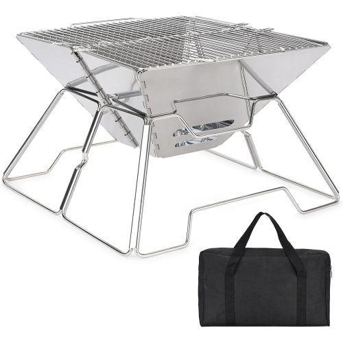  ZORMY Folding Campfire Grill Barbecue Rack Camping Fire Pit, Outdoor Wood Stove Burner, Folding Compact 304 Premium Stainless Steel, Portable Camping Grill with Carrying Bag for Ou