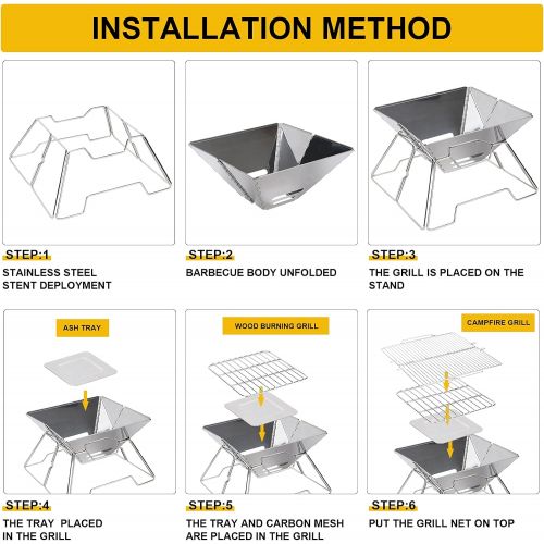  ZORMY Folding Campfire Grill Barbecue Rack Camping Fire Pit, Outdoor Wood Stove Burner, Folding Compact 304 Premium Stainless Steel, Portable Camping Grill with Carrying Bag for Ou
